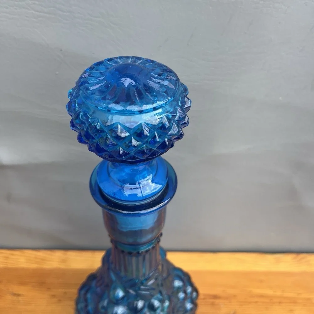Imperial Blue Glass Decanter w Grape Pattern Genie Bottle Vintage MCM Stopper